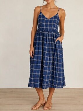 Gold Case Blue White Linen Windowpane Gingham Midi Dress SZ Small Coastal Chic
